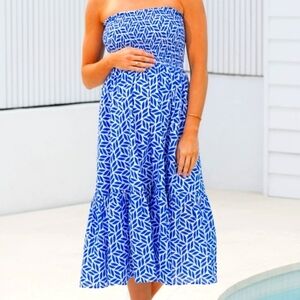 Ripe White / Lapis Capri Shirred Dress M